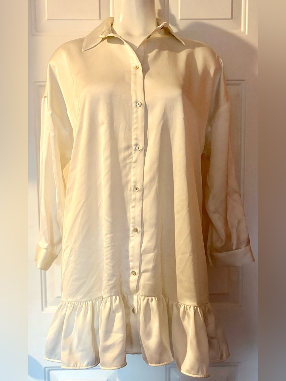 NWT Zara Cream Satin Mini Shirt White Dress size Large